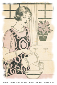 vintage teckning av kvinna i köket som häller från en kanna till en skål