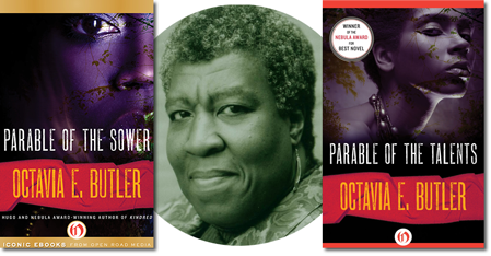 octavia butler with her two books about earthseed