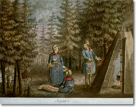 samer och kåta på 1800-talsplansch